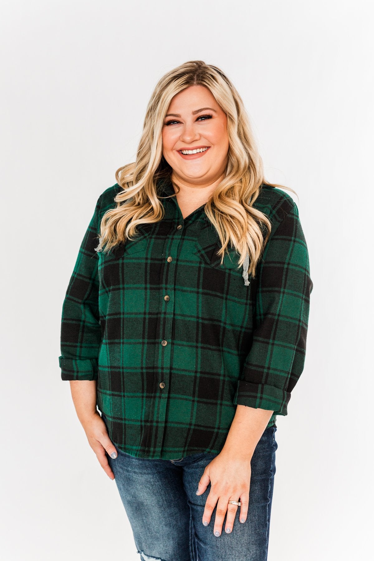 Feeling The Festivities Hooded Plaid Top- Emerald Green