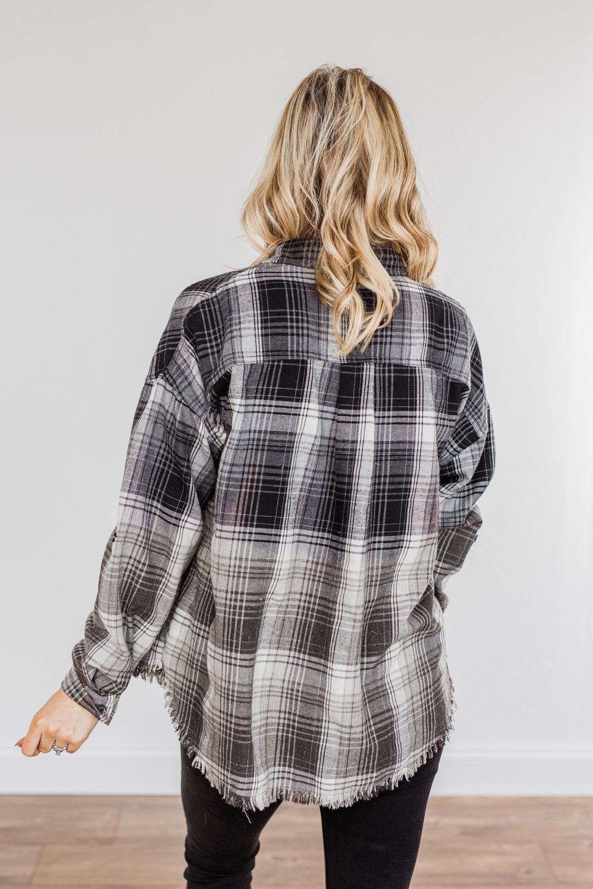 Coming Through Frayed Plaid Top- Grey & Black