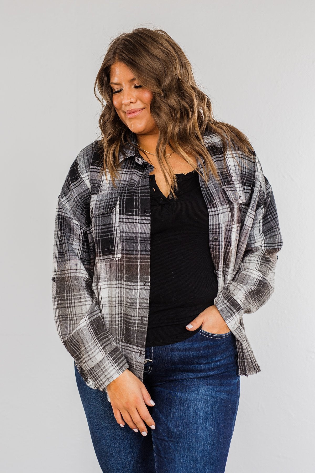 Coming Through Frayed Plaid Top- Grey & Black