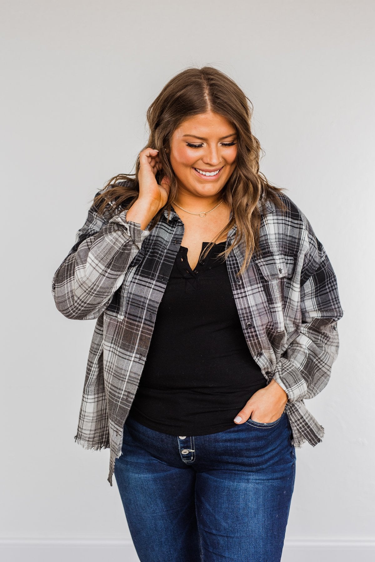 Coming Through Frayed Plaid Top- Grey & Black