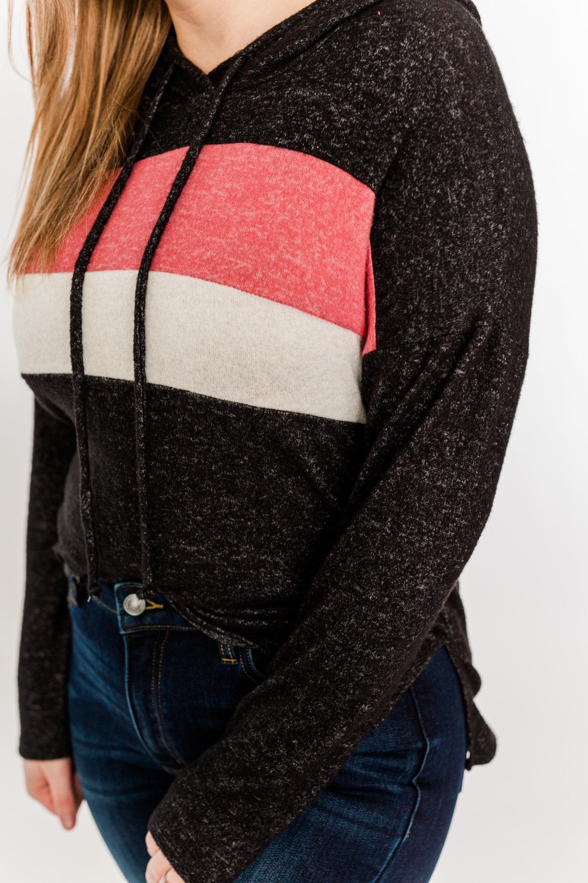 Who I am Color Block Drawstring Hoodie- Black, Pink, & Light Taupe