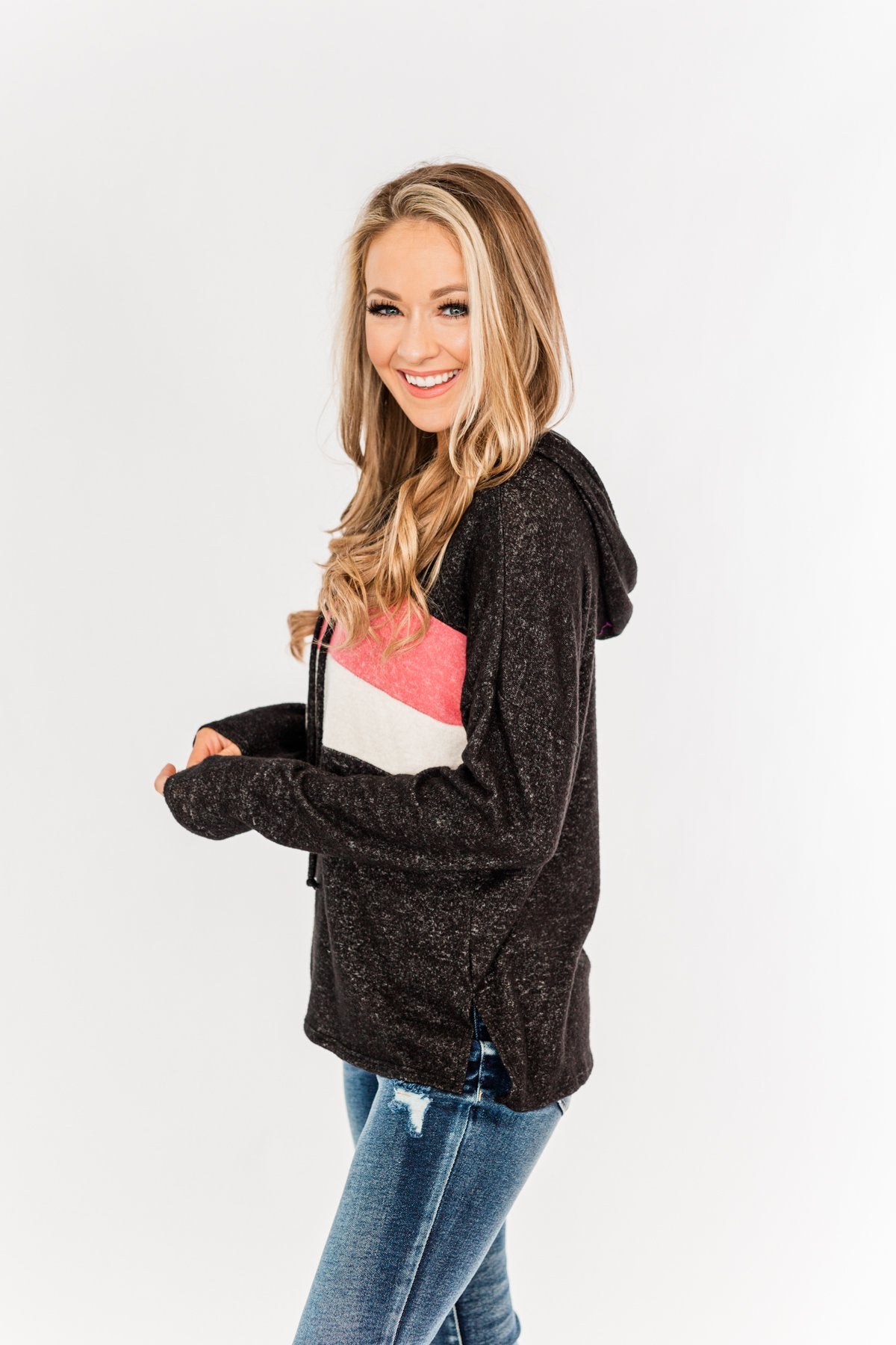 Who I am Color Block Drawstring Hoodie- Black, Pink, & Light Taupe
