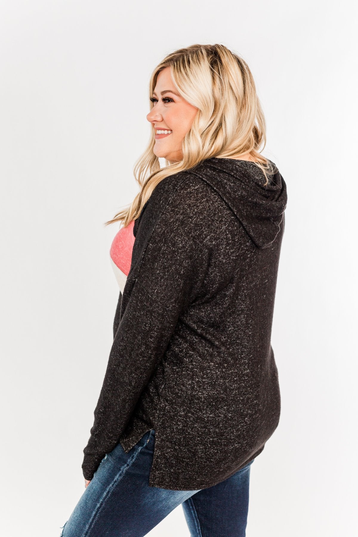 Who I am Color Block Drawstring Hoodie- Black, Pink, & Light Taupe
