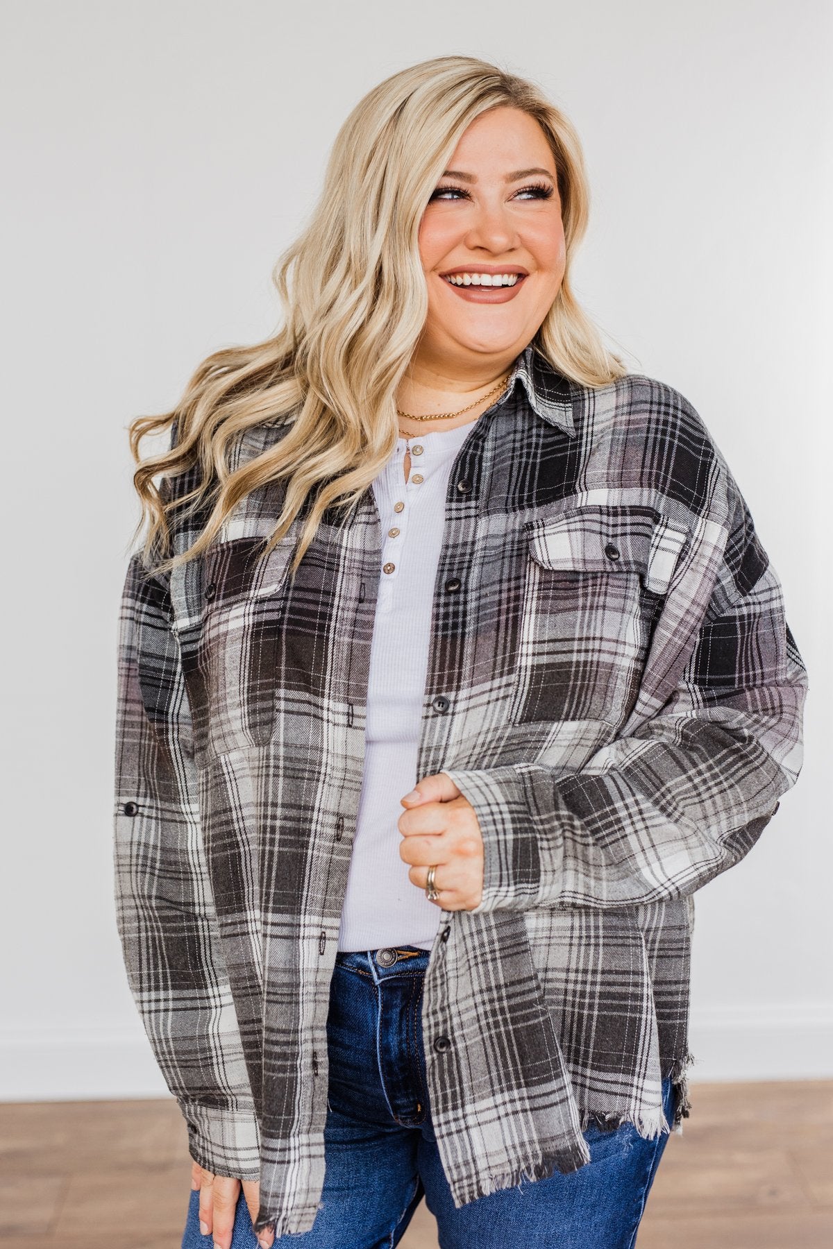 Coming Through Frayed Plaid Top- Grey & Black