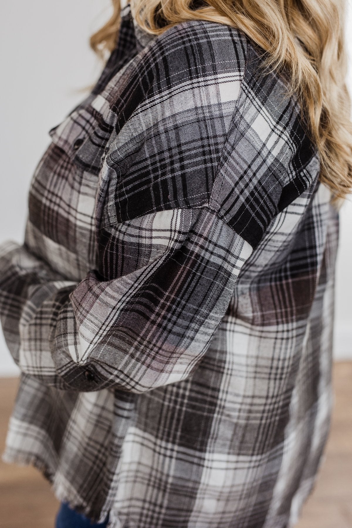 Coming Through Frayed Plaid Top- Grey & Black