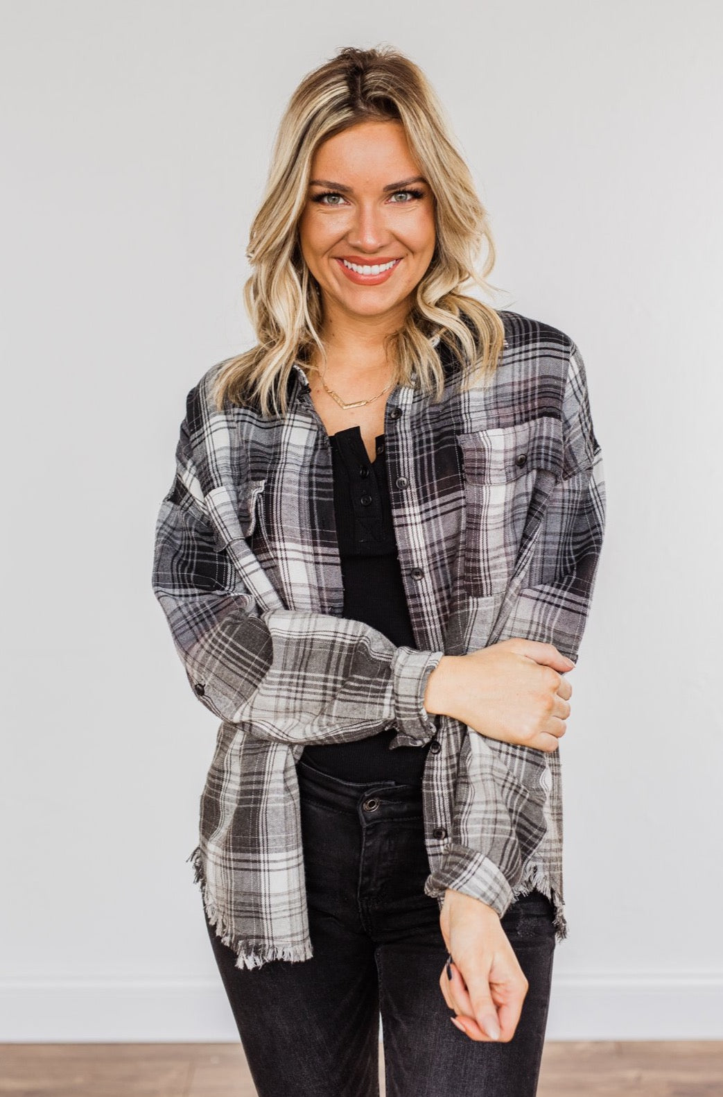 Coming Through Frayed Plaid Top- Grey & Black