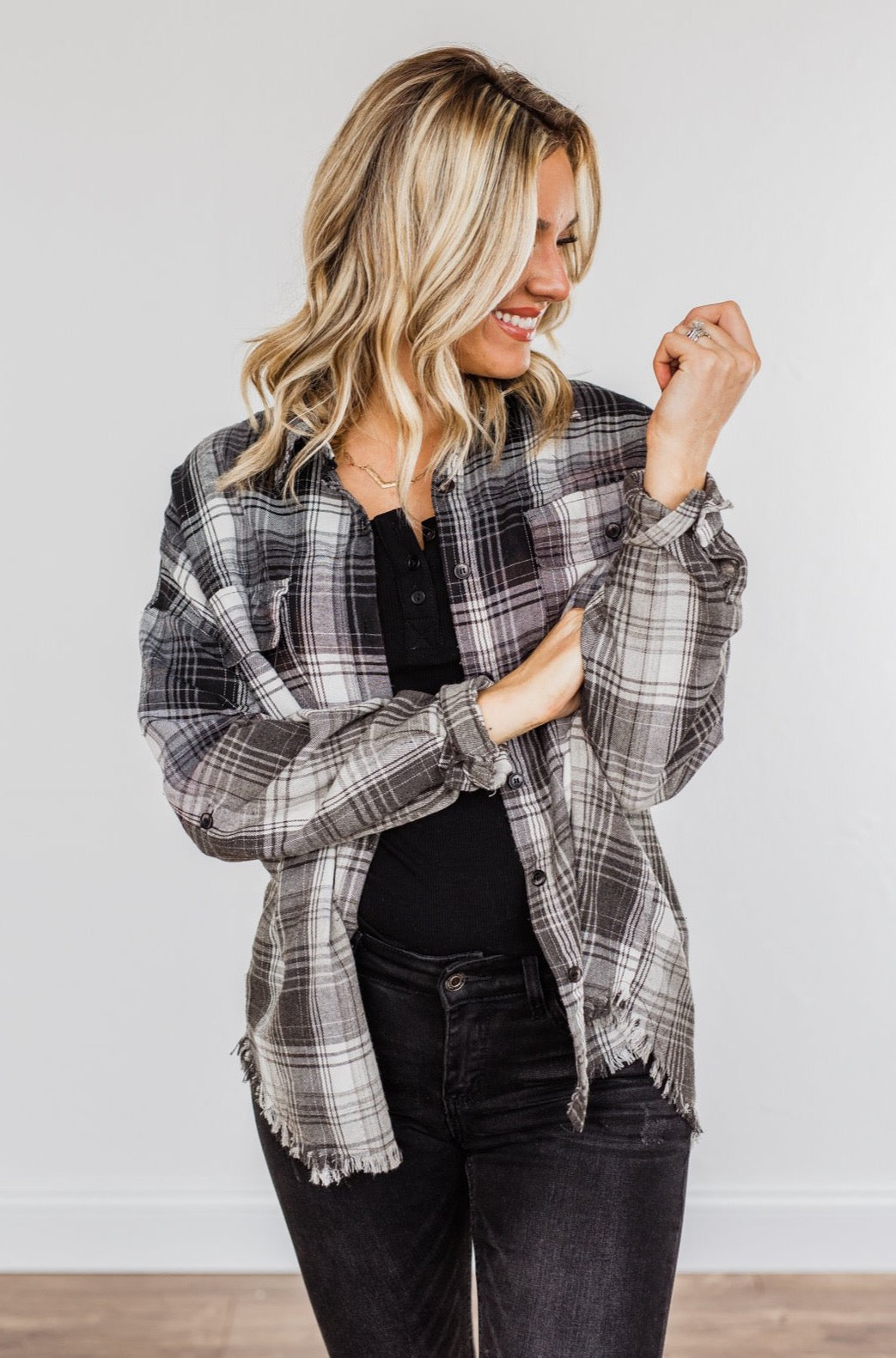 Coming Through Frayed Plaid Top- Grey & Black