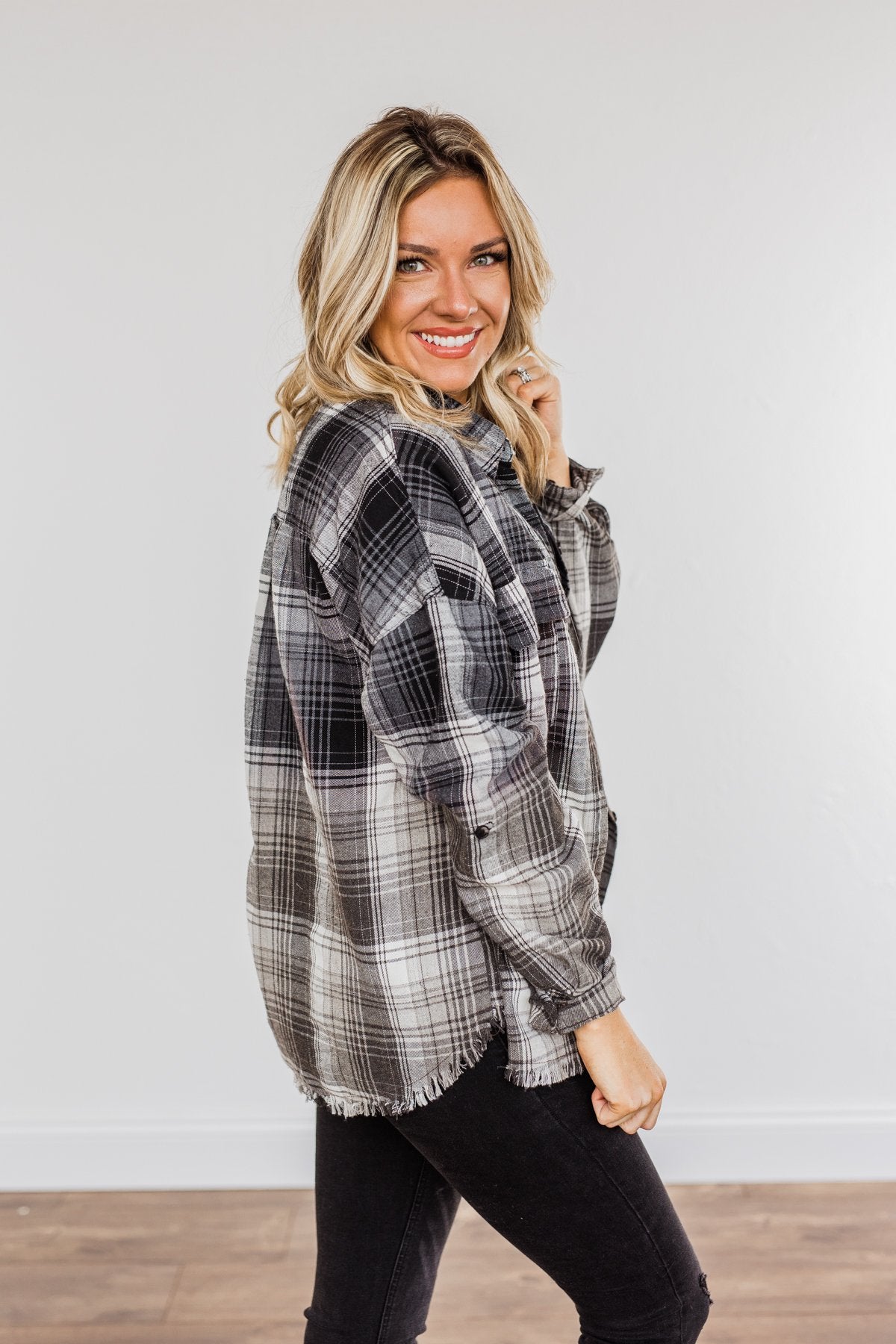 Coming Through Frayed Plaid Top- Grey & Black