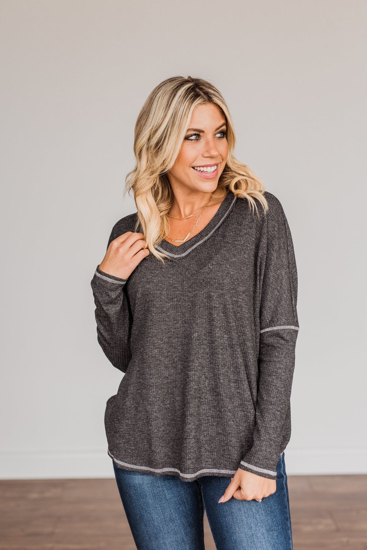 Purely Stunning Long Sleeve Knit Top- Charcoal