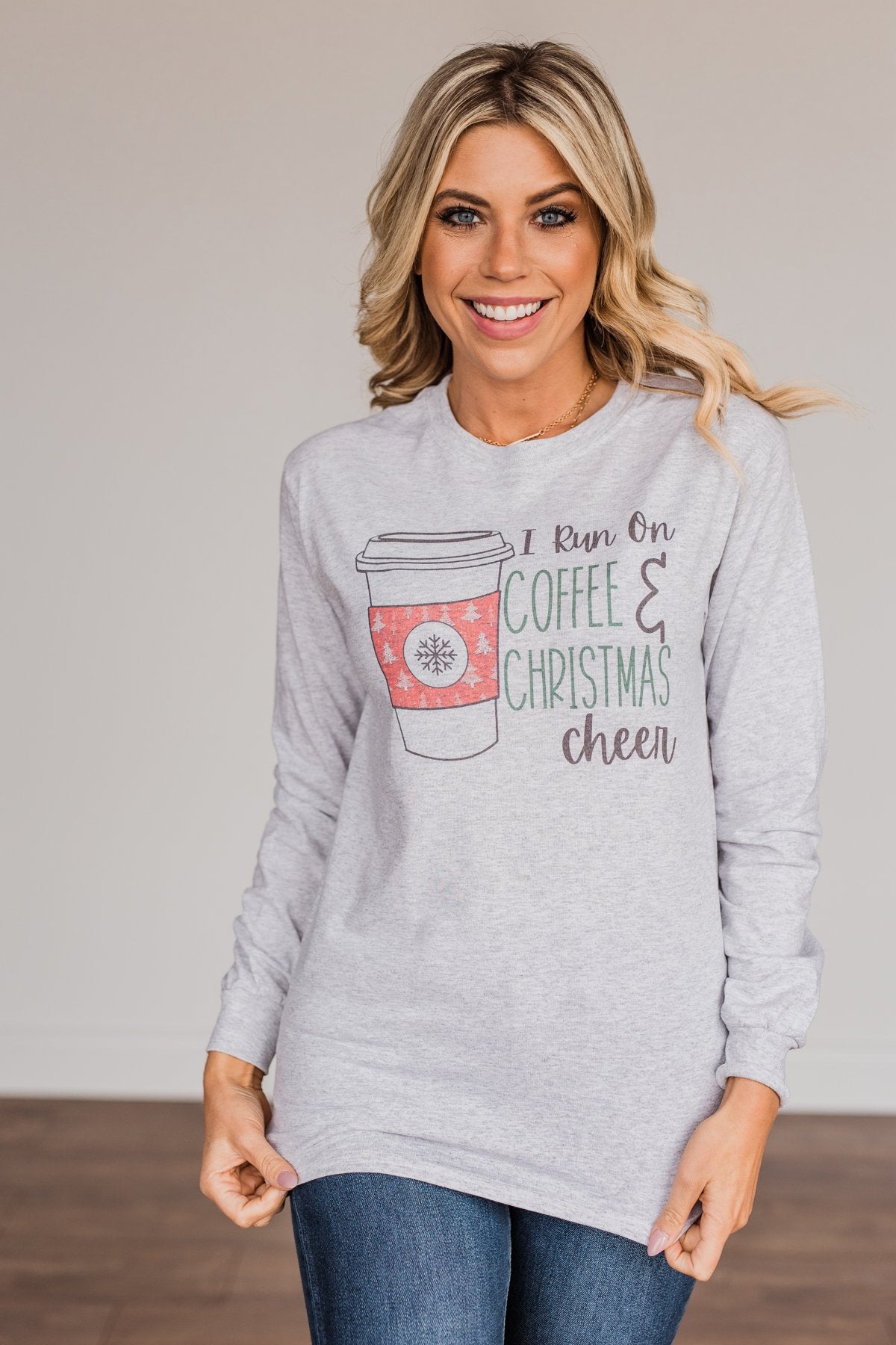 "I Run On Coffee & Christmas Cheer" Graphic Top- Grey