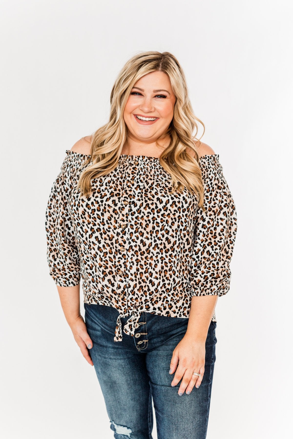 Savvy Smiles Off The Shoulder Blouse- Natural Leopard