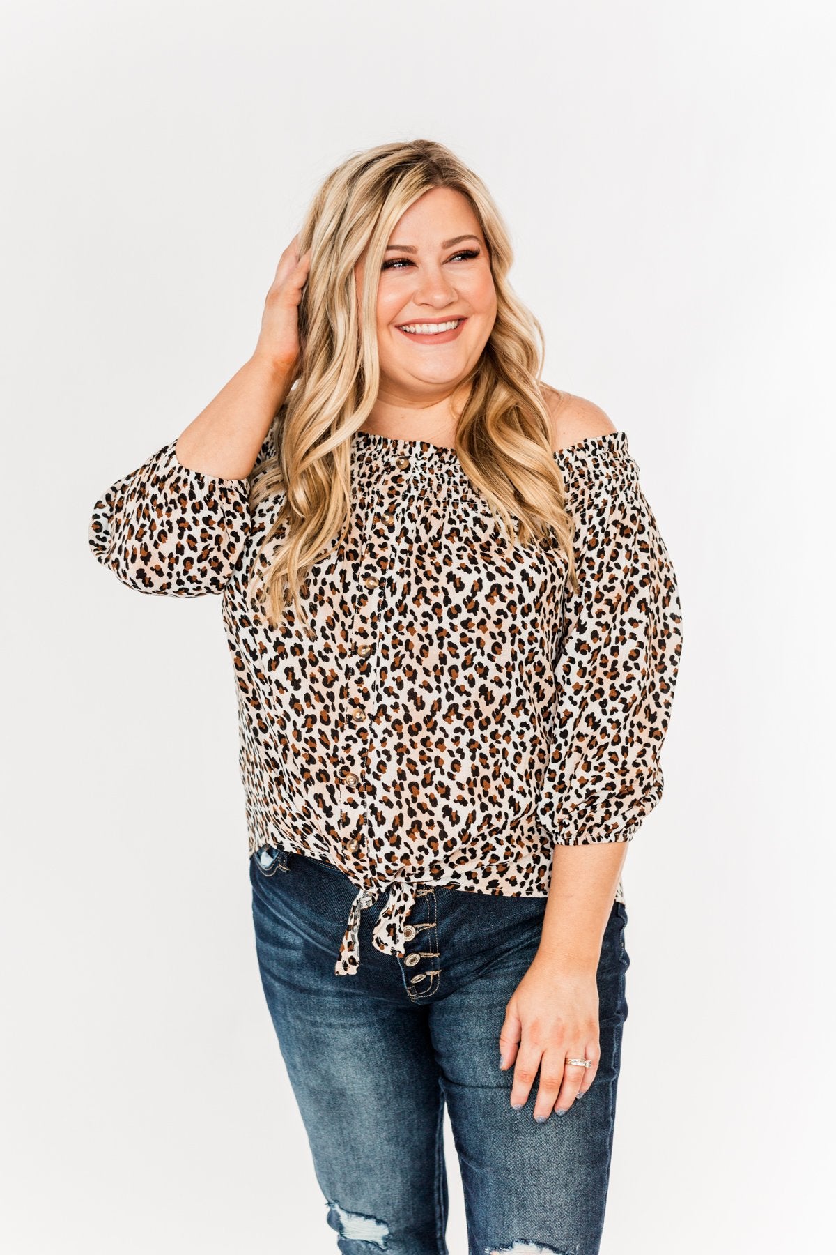 Savvy Smiles Off The Shoulder Blouse- Natural Leopard