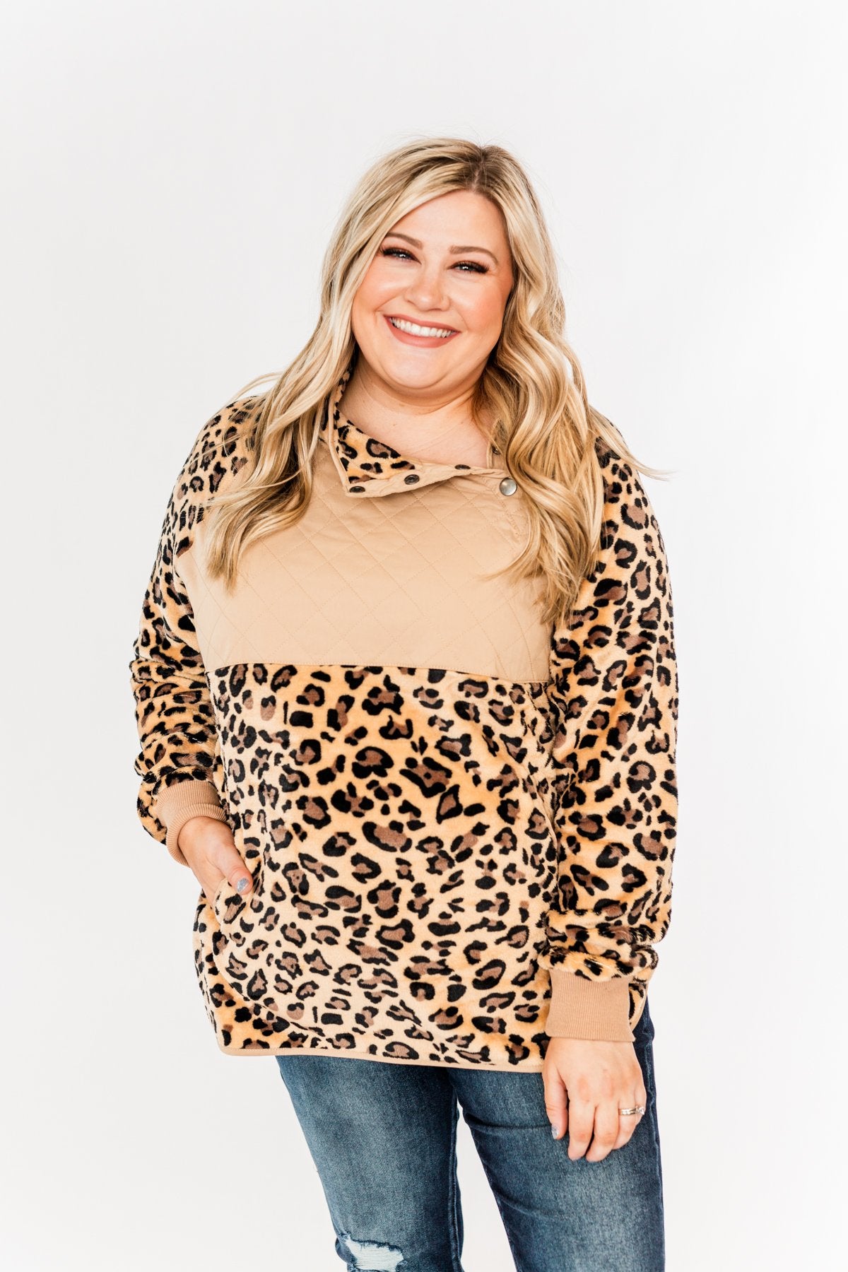 Someday Soon Quarter Button Leopard Sherpa- Tan
