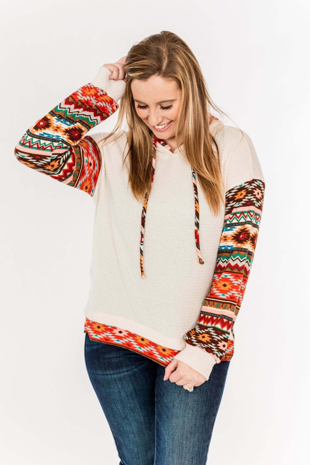Life Is Beautiful Aztec Knit Hoodie- Light Taupe