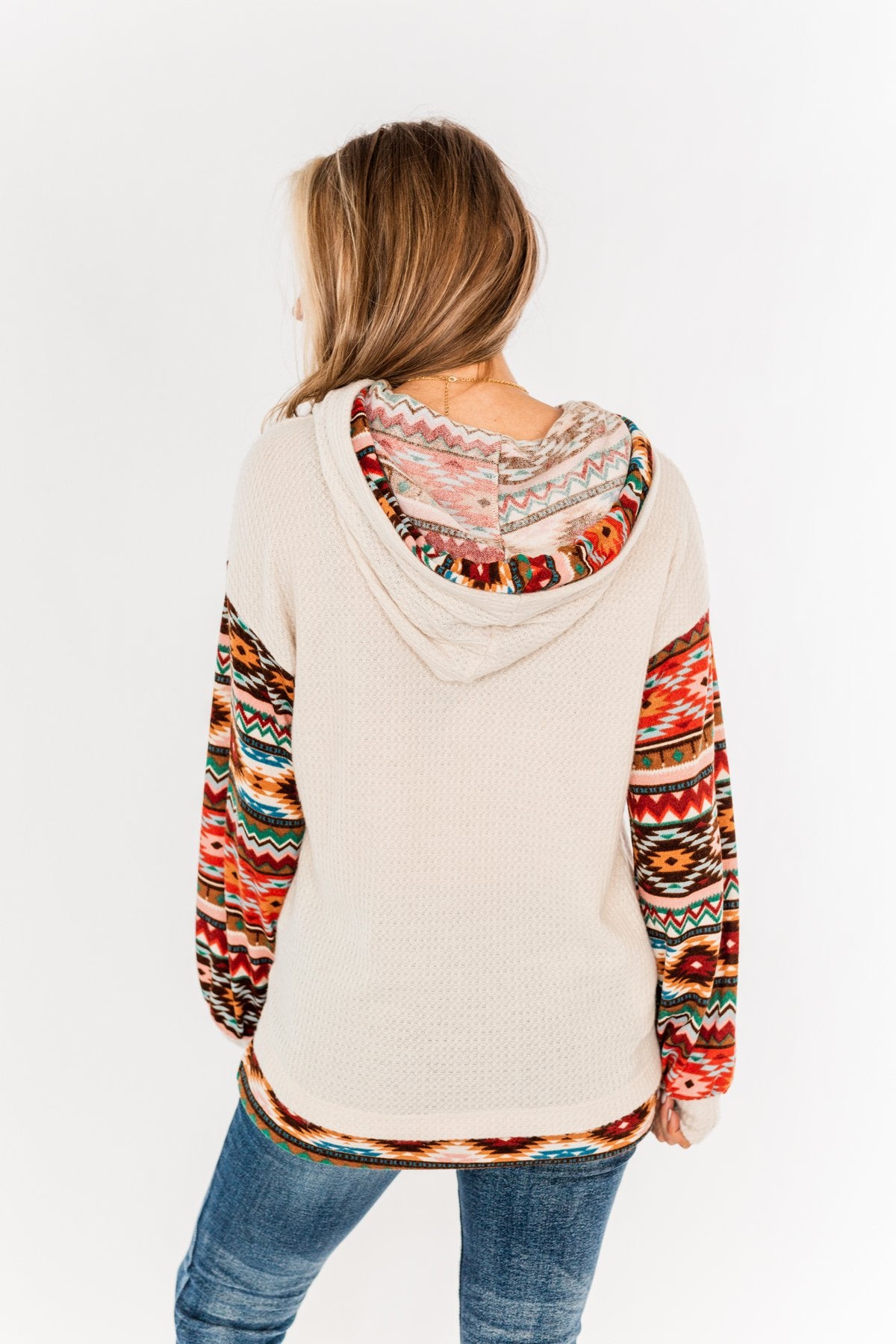 Life Is Beautiful Aztec Knit Hoodie- Light Taupe