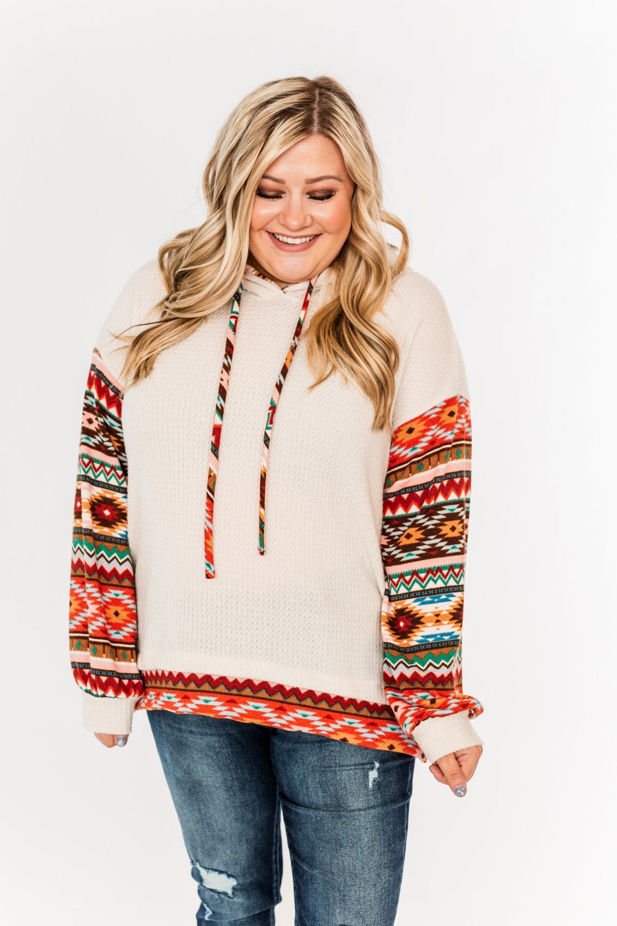 Life Is Beautiful Aztec Knit Hoodie- Light Taupe