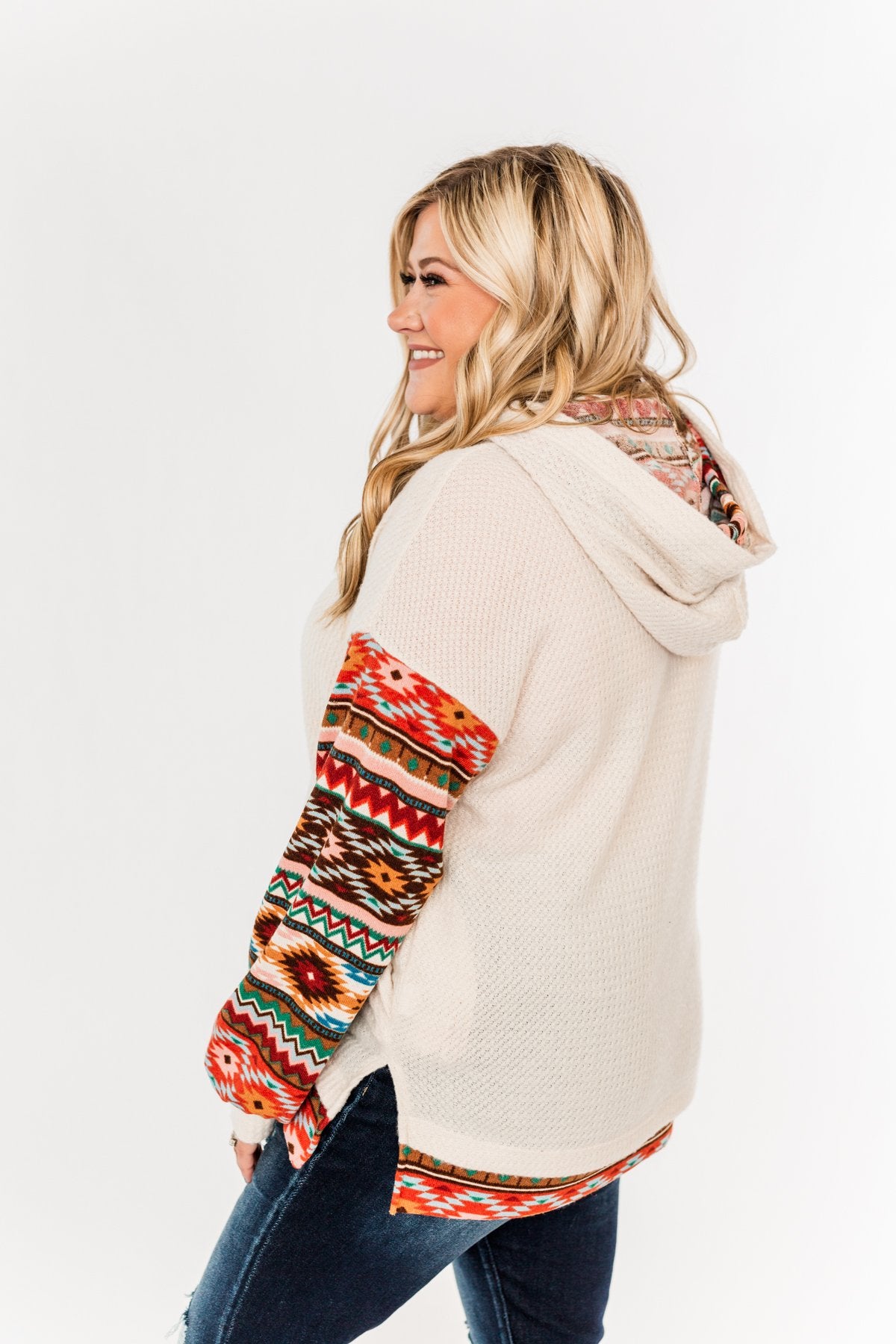 Life Is Beautiful Aztec Knit Hoodie- Light Taupe