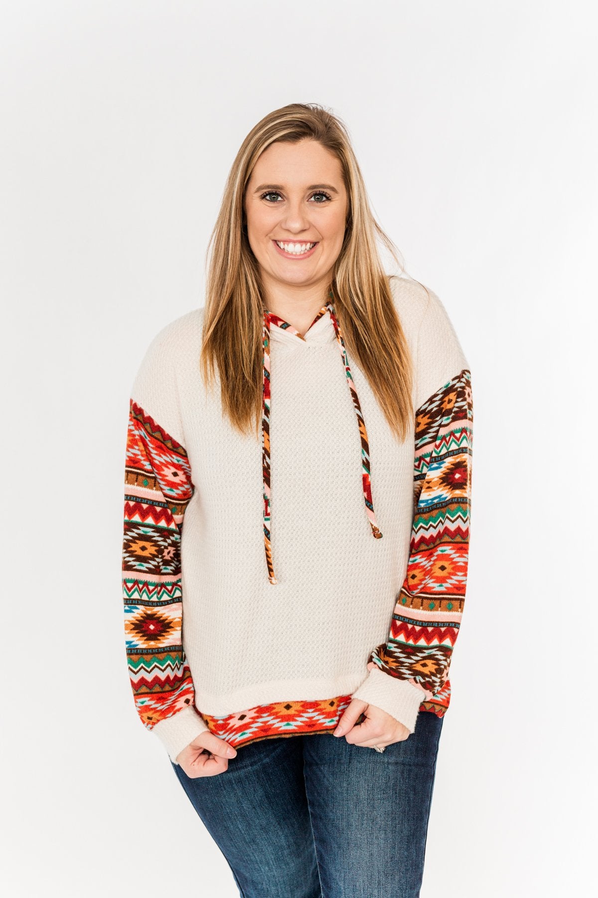 Life Is Beautiful Aztec Knit Hoodie- Light Taupe
