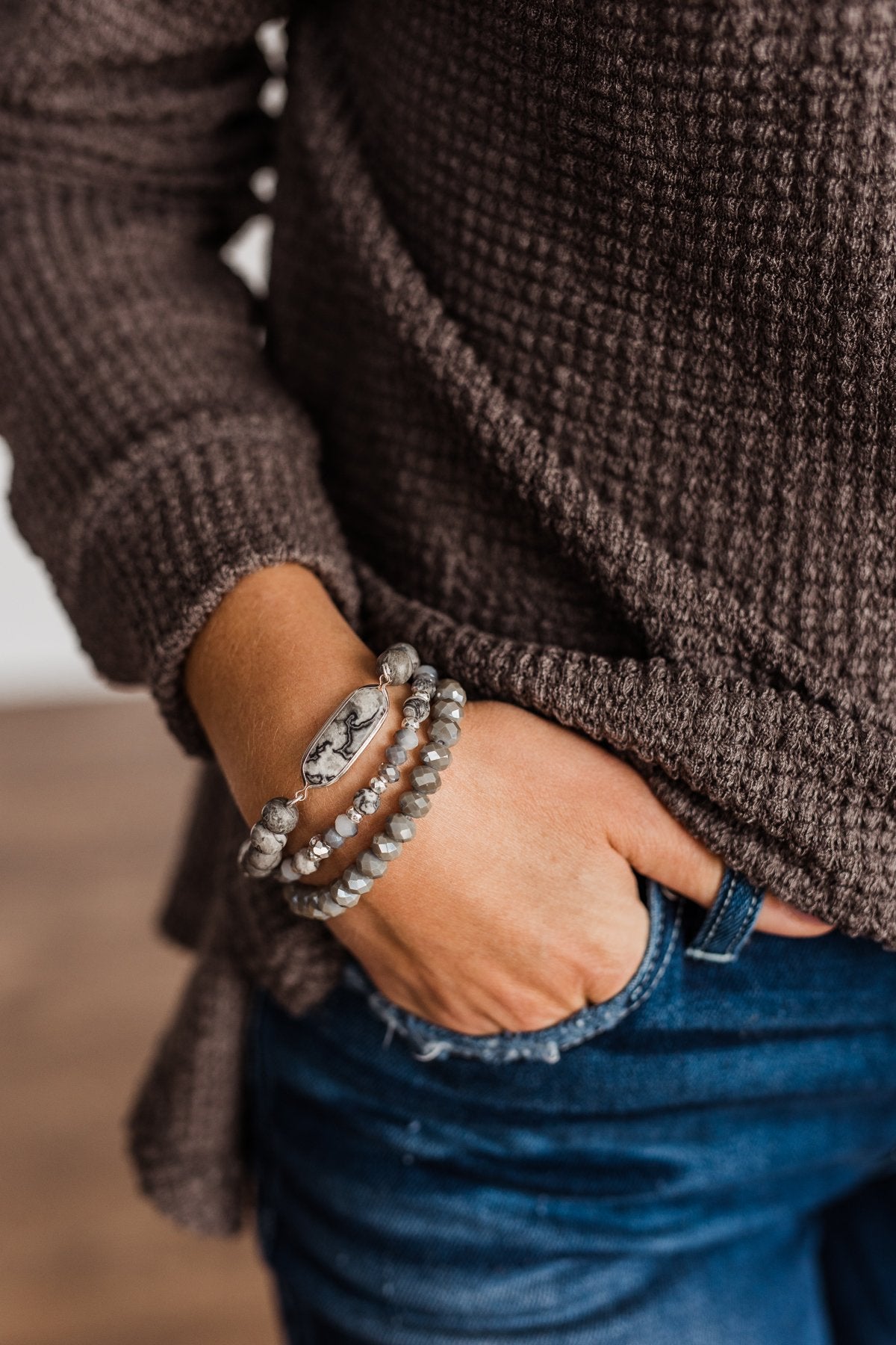 Sparks Of Joy Stackable Beaded Bracelet Set- Grey