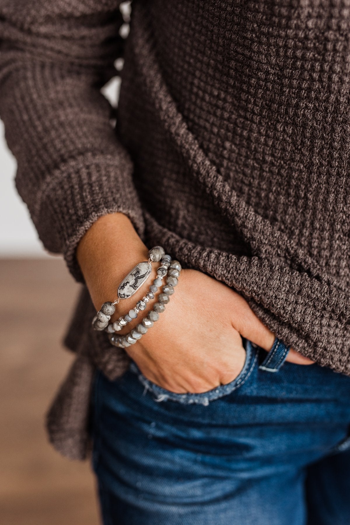 Sparks Of Joy Stackable Beaded Bracelet Set- Grey