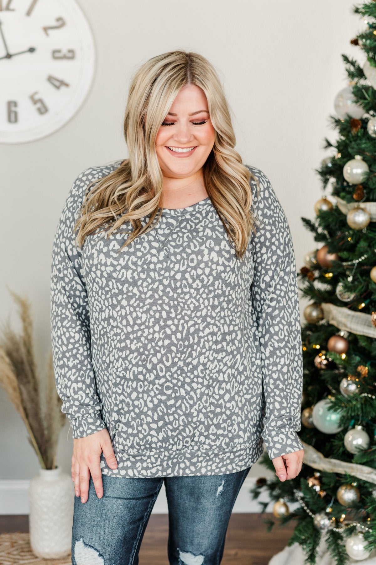 Just Go With It Long Sleeve Leopard Top- Charcoal & Beige