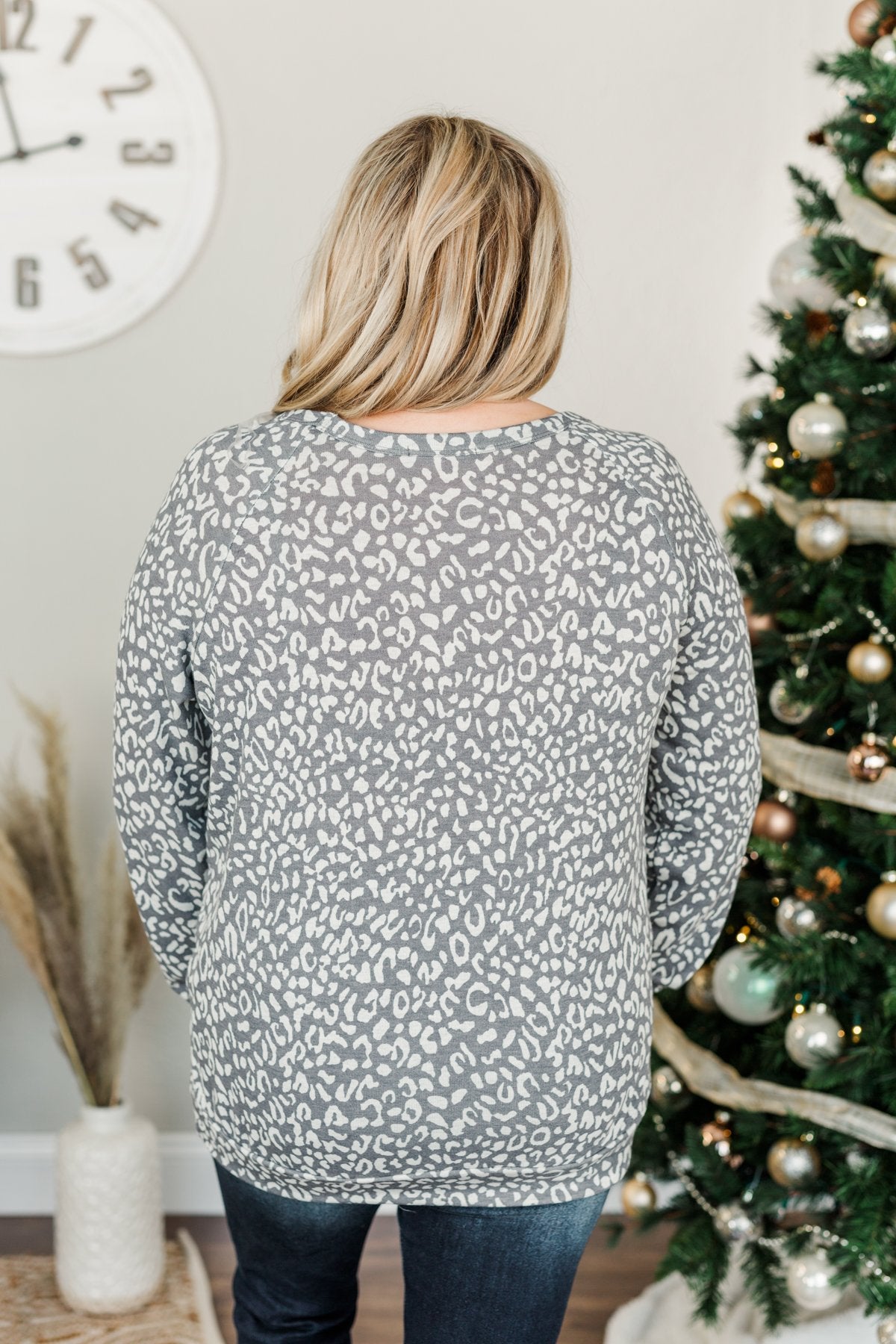 Just Go With It Long Sleeve Leopard Top- Charcoal & Beige