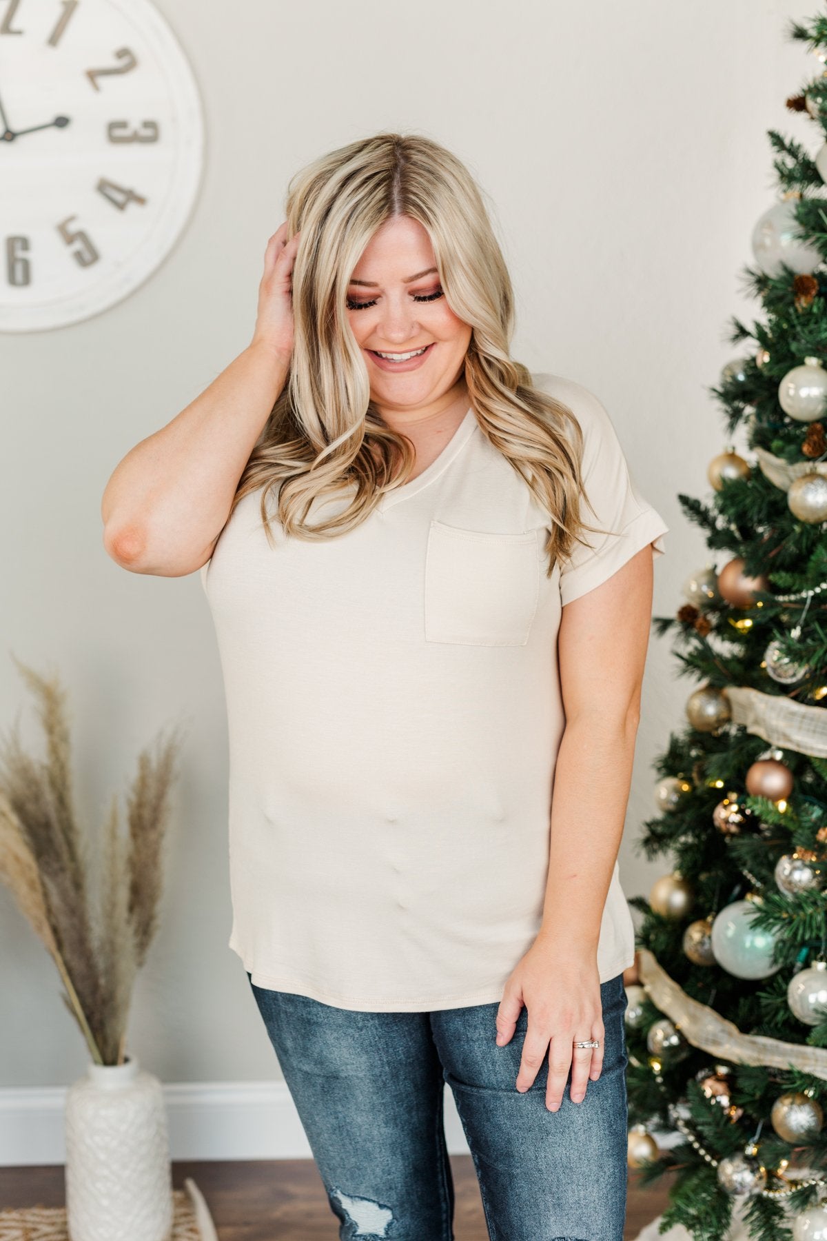 On My Own V-Neck Pocket Top- Cream