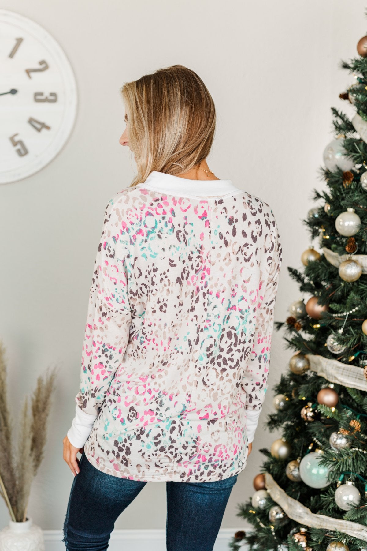 Living It Up Long Sleeve Lounge Top- Cream & Multi-Color