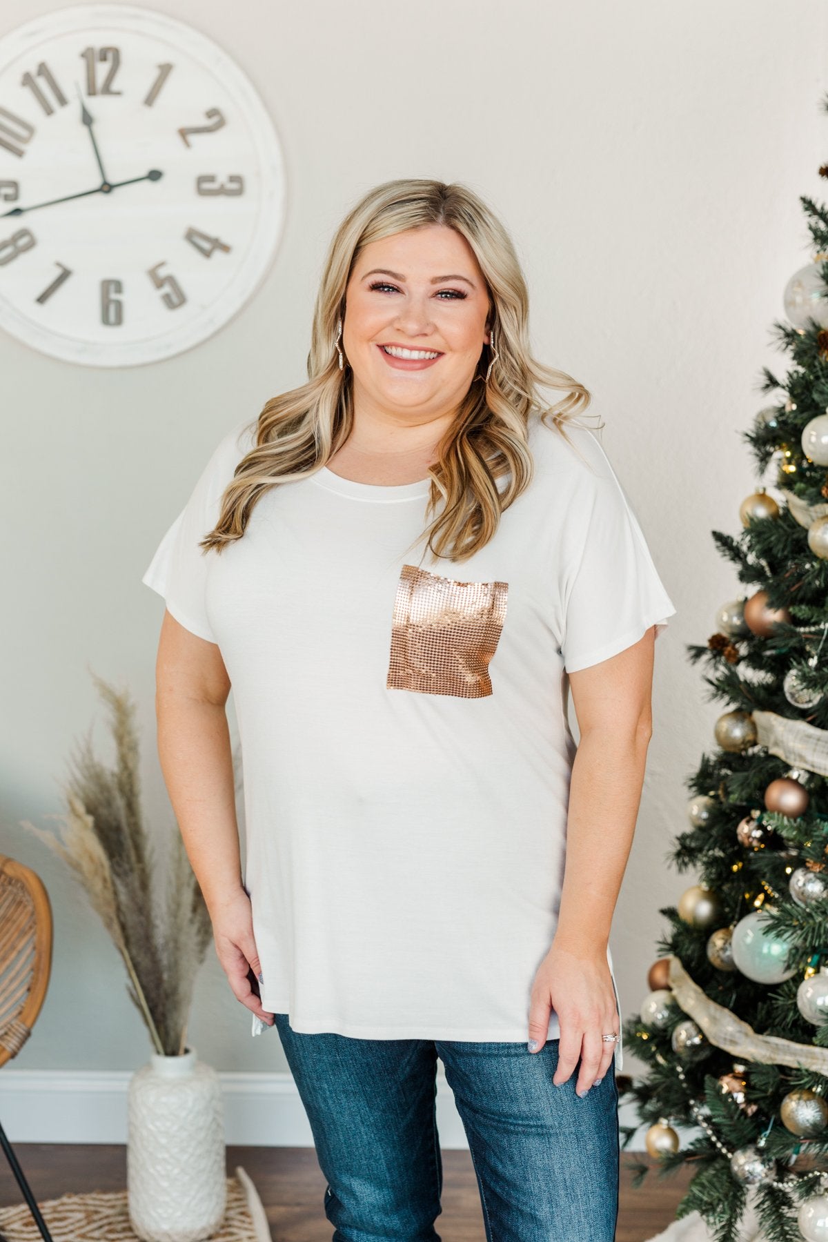 Following My Dreams Glam Pocket Top- Ivory & Copper