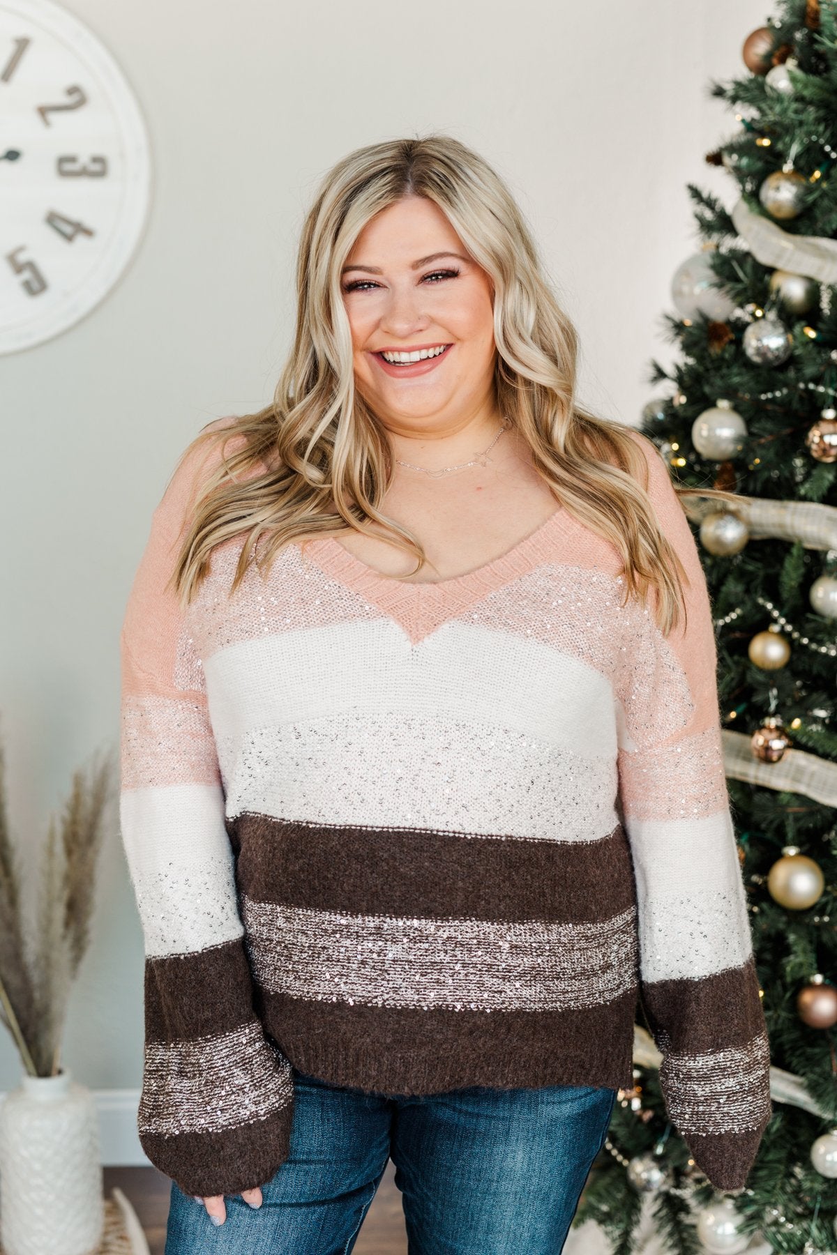 Ready For Snow Sequin Striped Sweater- Blush, Ivory & Brown
