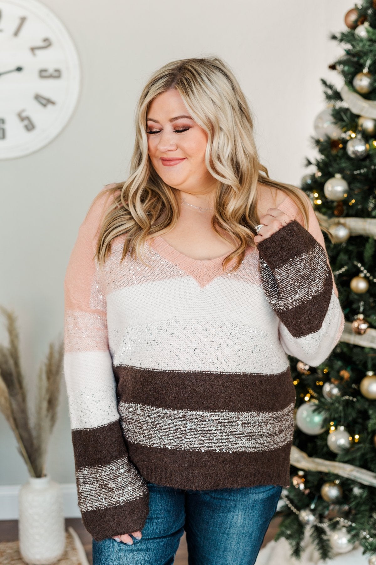 Ready For Snow Sequin Striped Sweater- Blush, Ivory & Brown