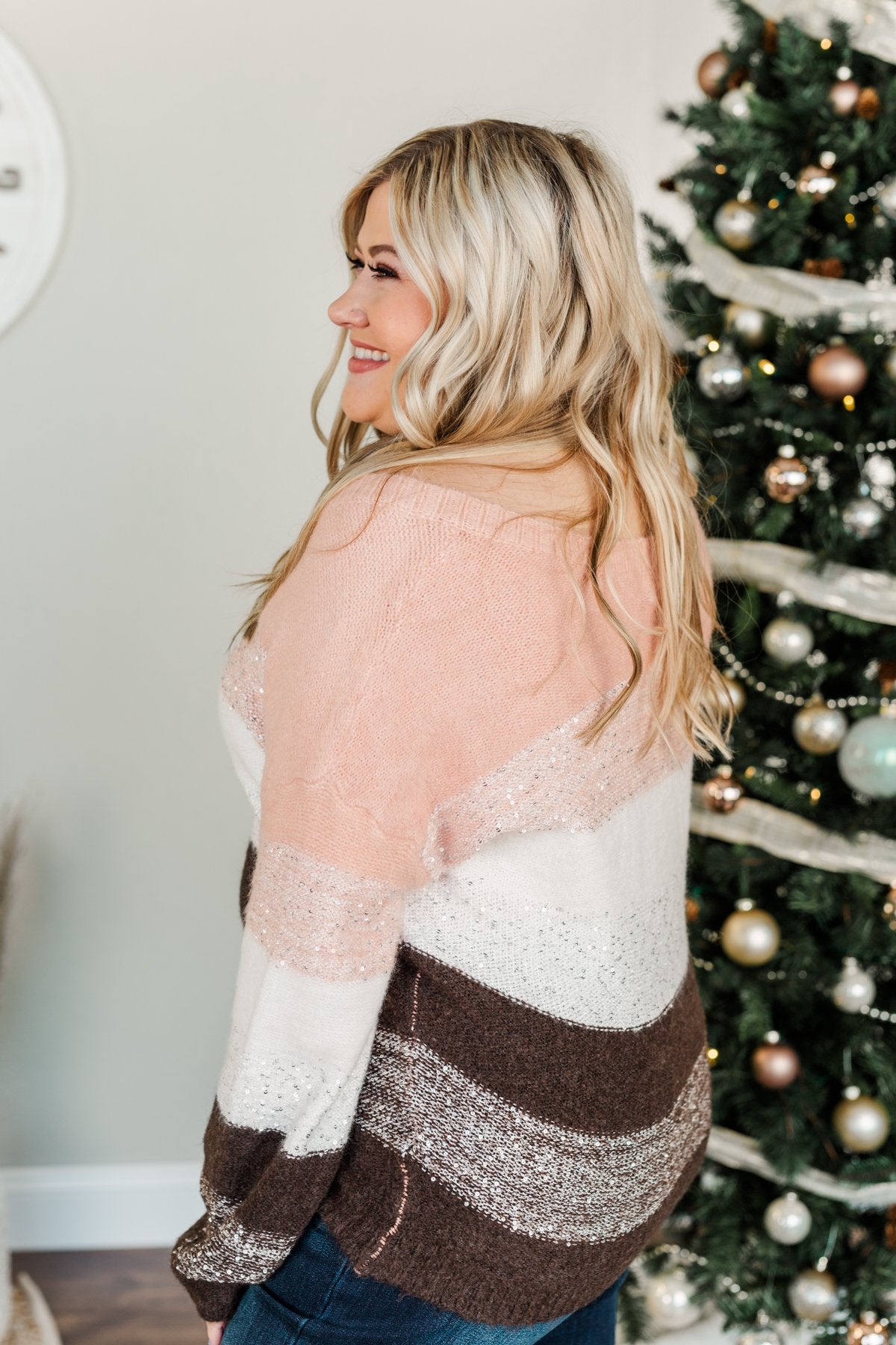 Ready For Snow Sequin Striped Sweater- Blush, Ivory & Brown