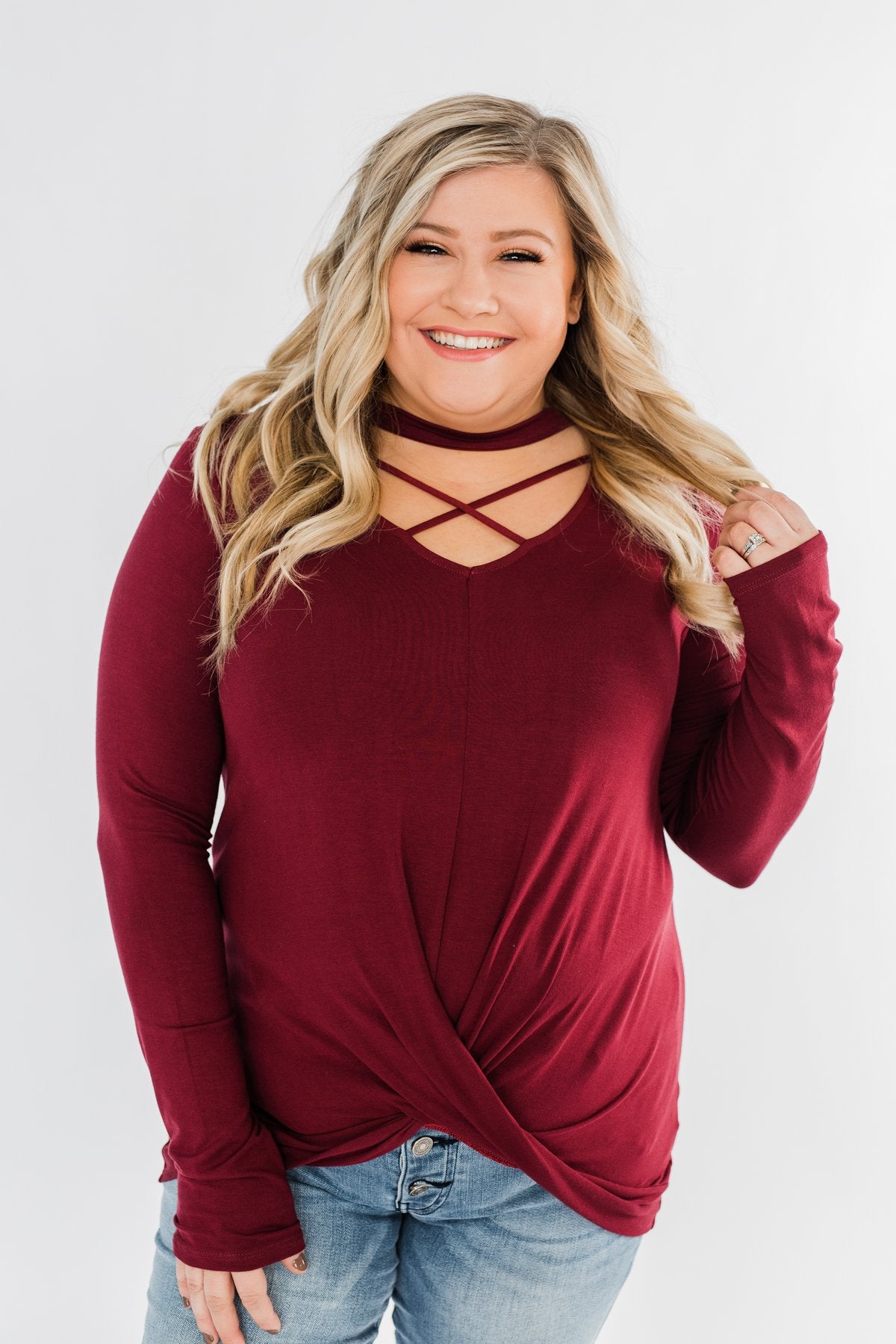 Just The Beginning Criss Cross Top- Burgundy