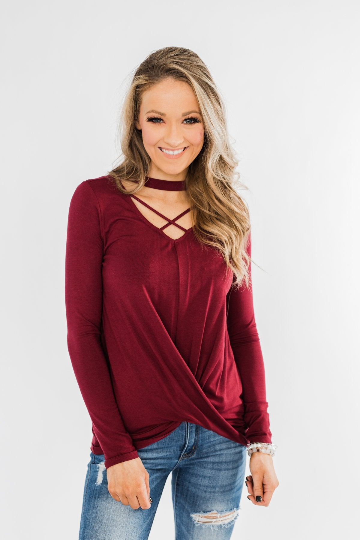 Just The Beginning Criss Cross Top- Burgundy