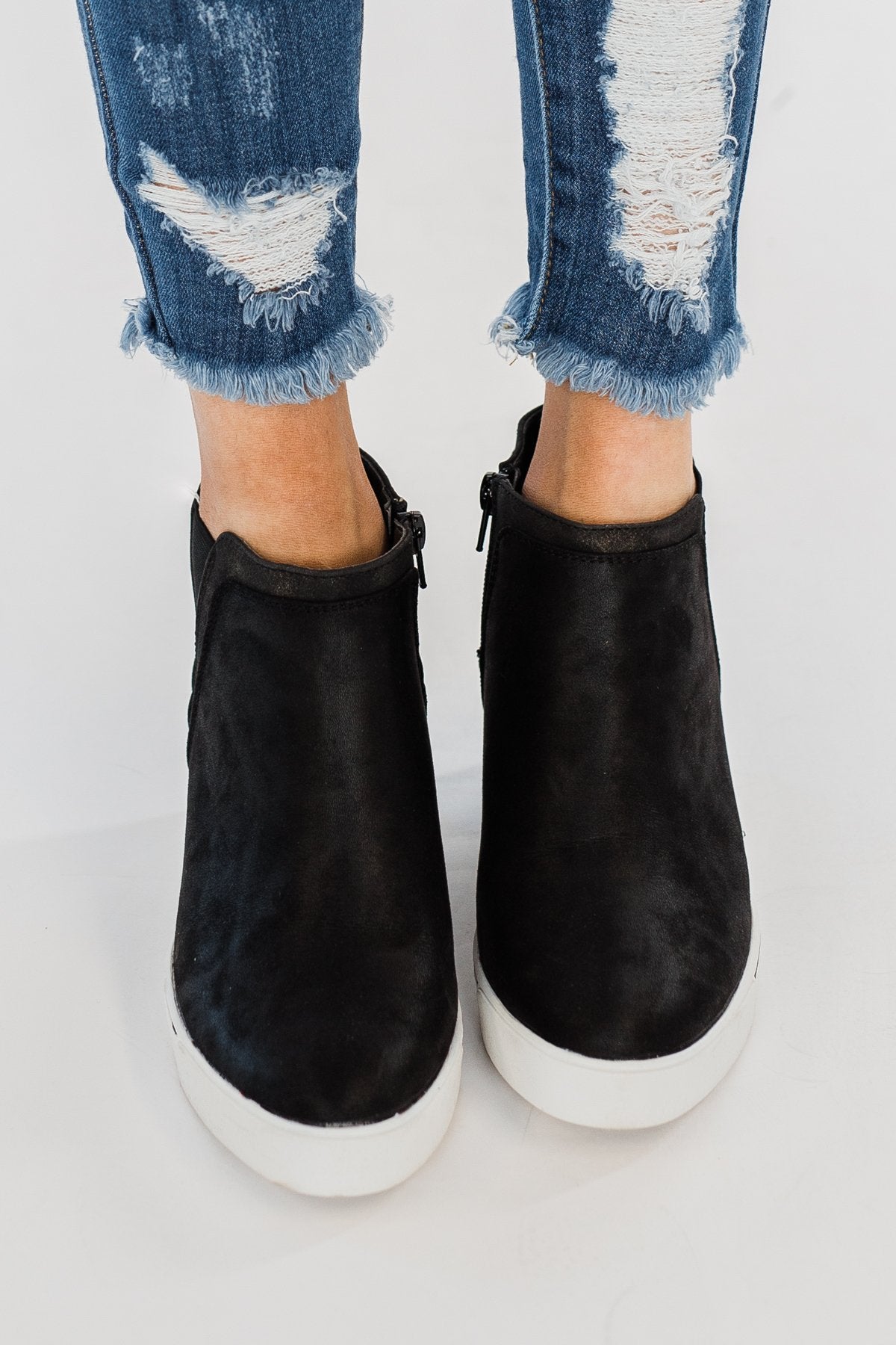 Suede Wedge Black Wedge Sneaker Booties Sugar Glossy Wedges- Black