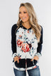Winter Blooms Floral Hoodie- Navy & Ivory