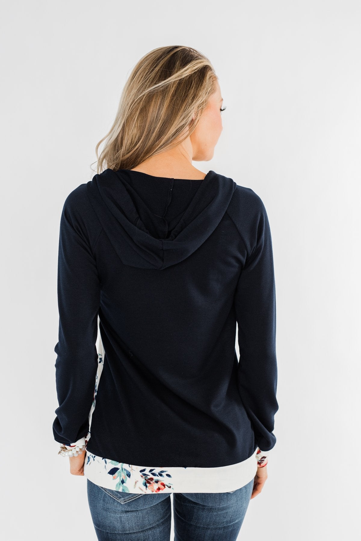 Winter Blooms Floral Hoodie- Navy & Ivory