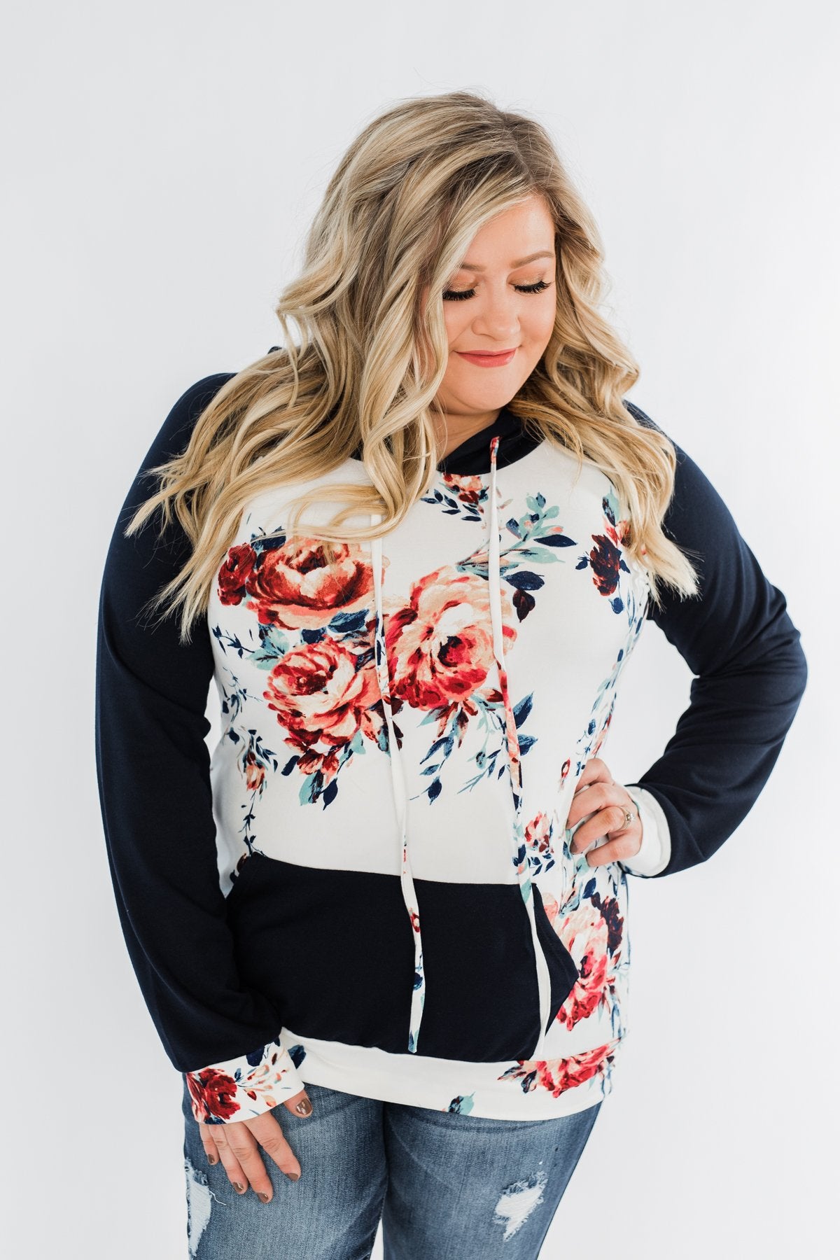Winter Blooms Floral Hoodie- Navy & Ivory