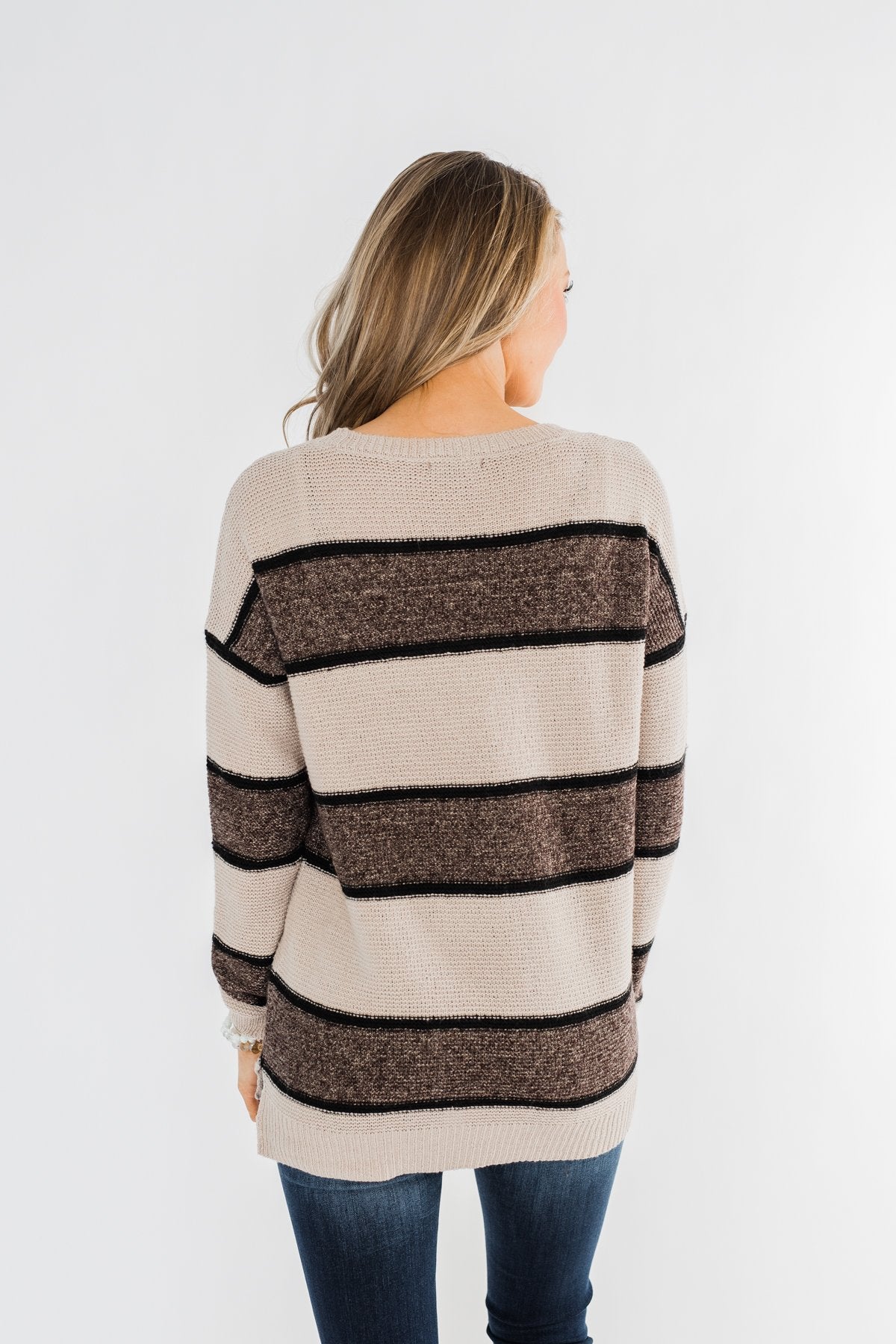 Oh So Soft Striped Knit Sweater- Mocha