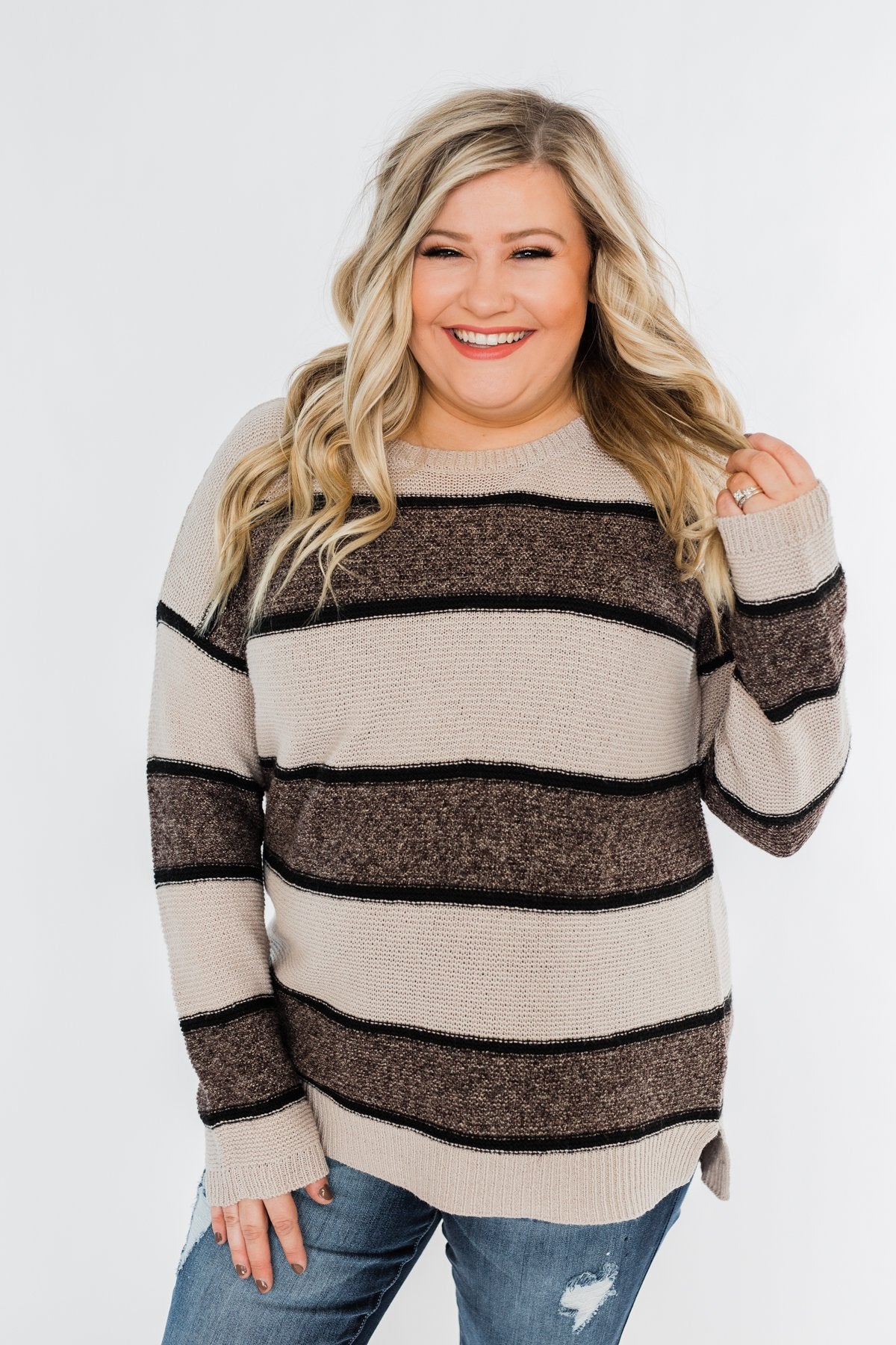 Oh So Soft Striped Knit Sweater- Mocha
