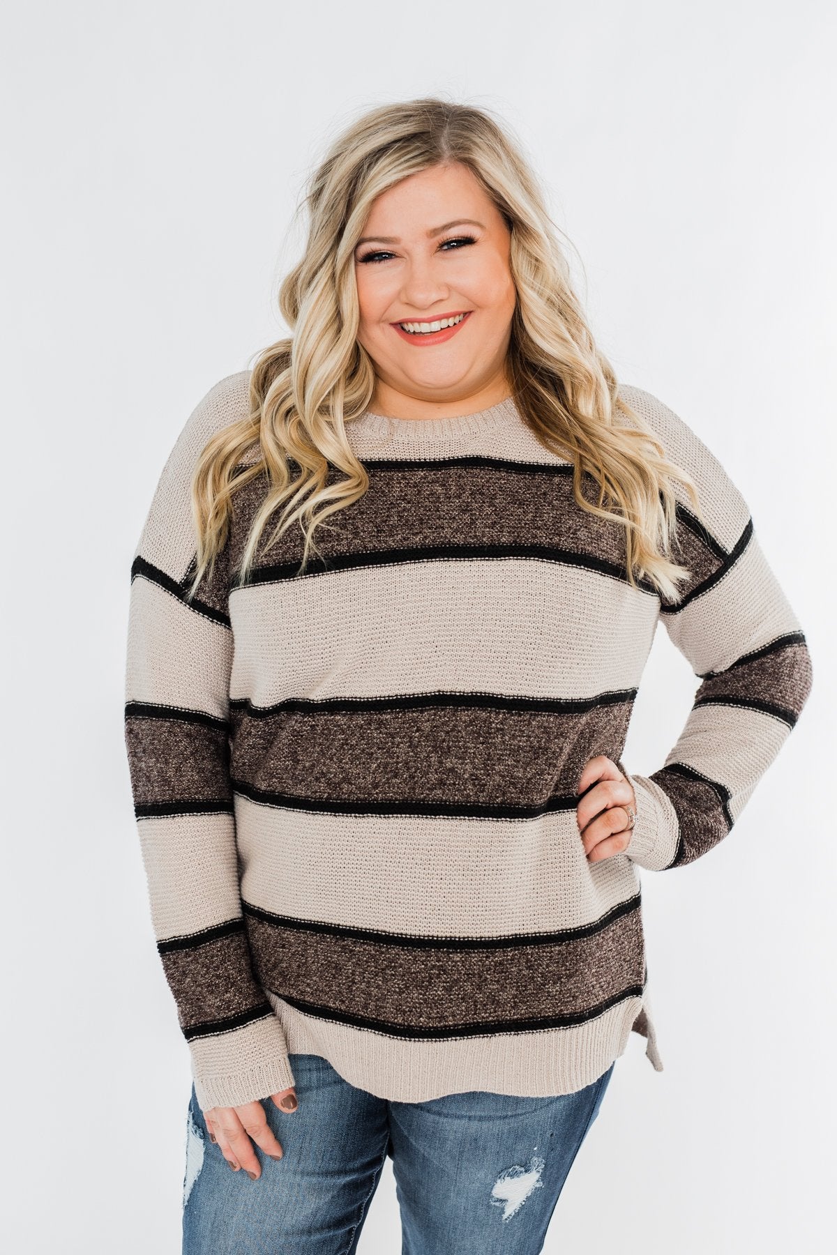 Oh So Soft Striped Knit Sweater- Mocha