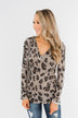 Leopard Knit V-Neck Hoodie- Stone