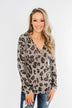 Leopard Knit V-Neck Hoodie- Stone