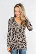 Leopard Knit V-Neck Hoodie- Stone