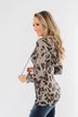 Leopard Knit V-Neck Hoodie- Stone