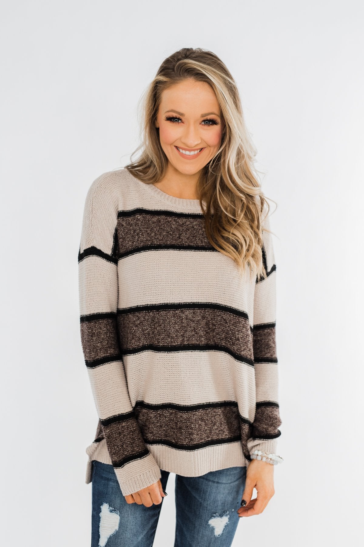 Oh So Soft Striped Knit Sweater- Mocha