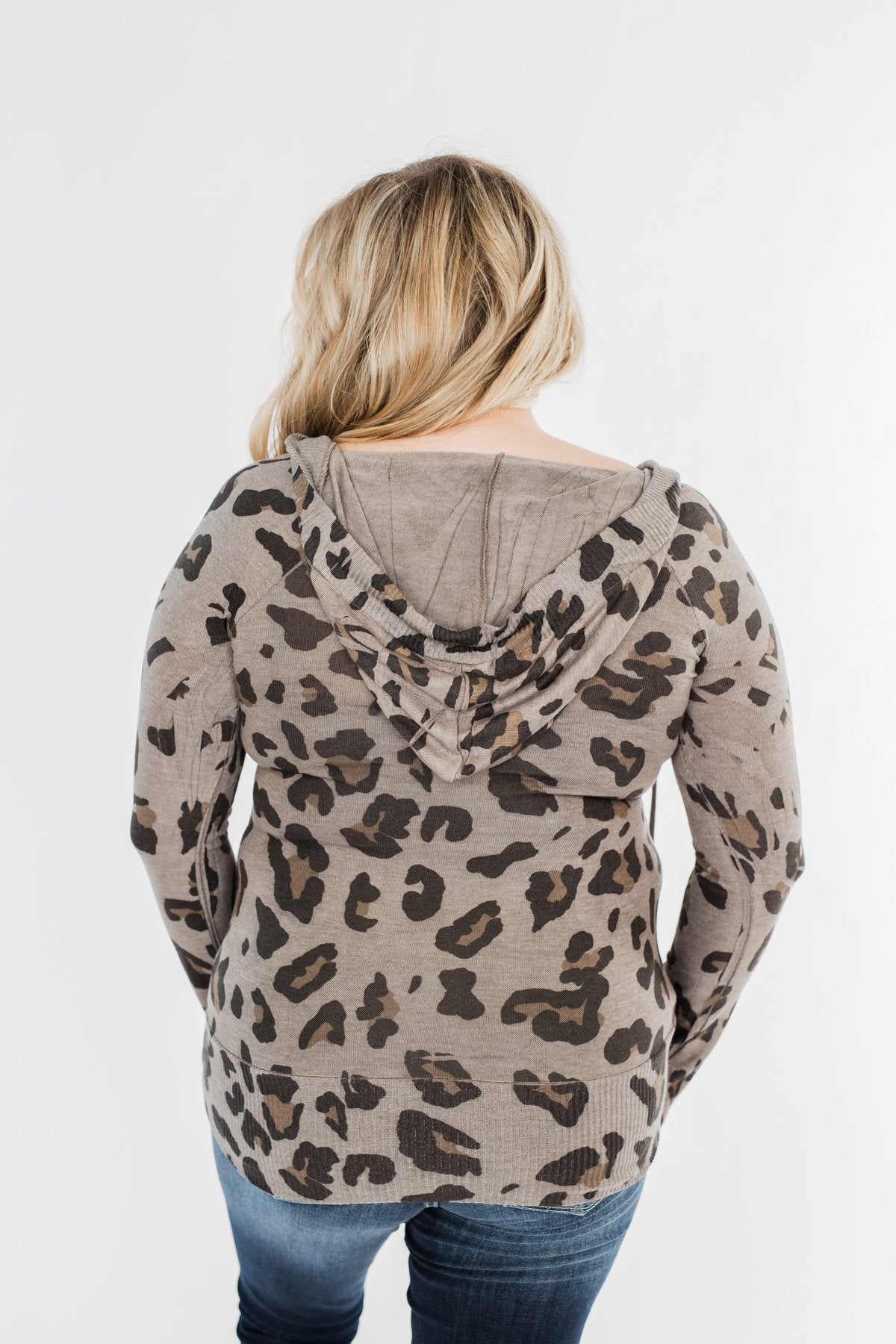 Leopard Knit V-Neck Hoodie- Stone