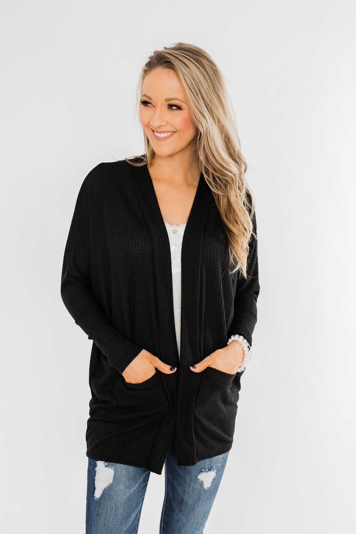 Break Free Waffle Knit Cardigan- Black