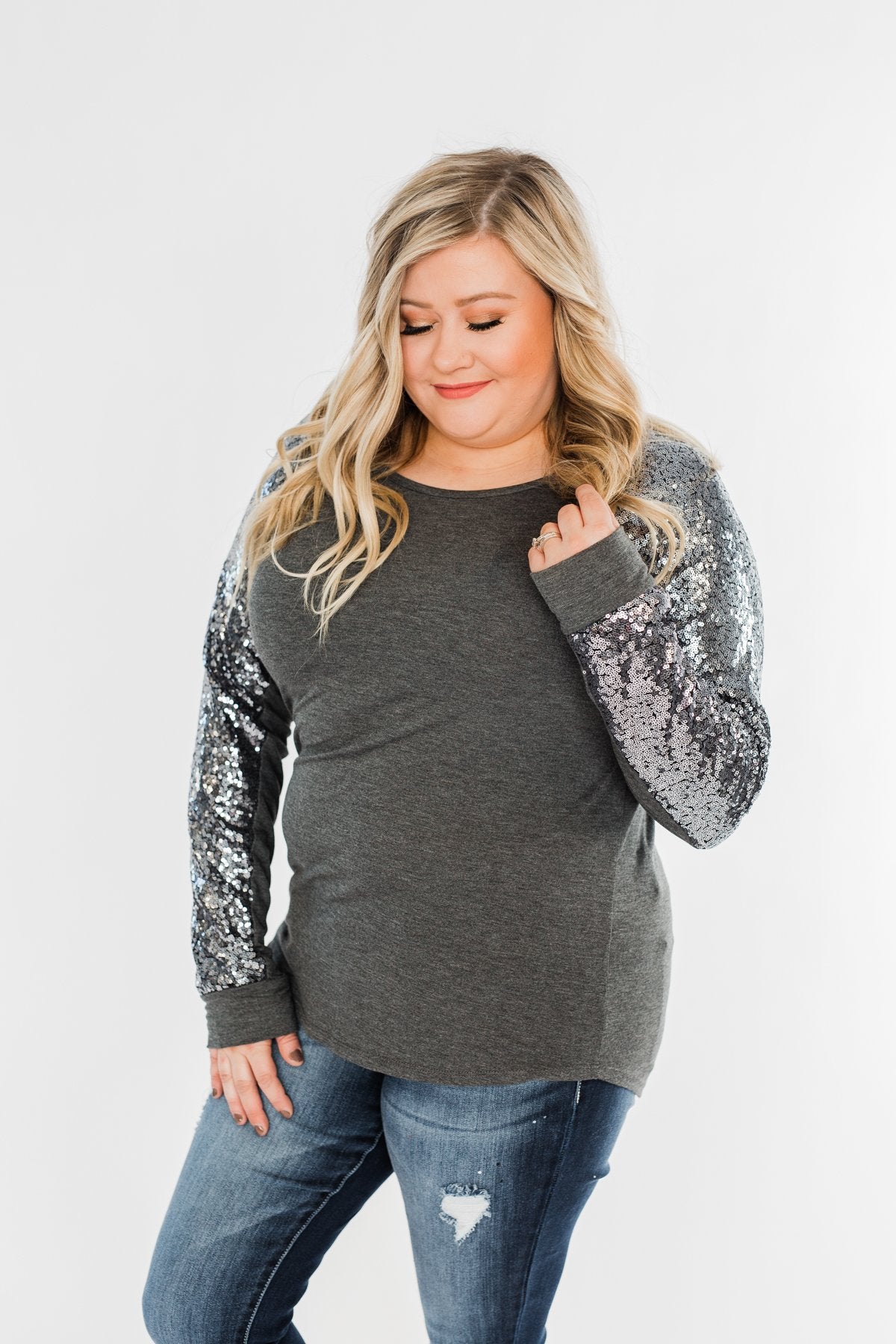 Caught My Eye Sequin Top- Charcoal