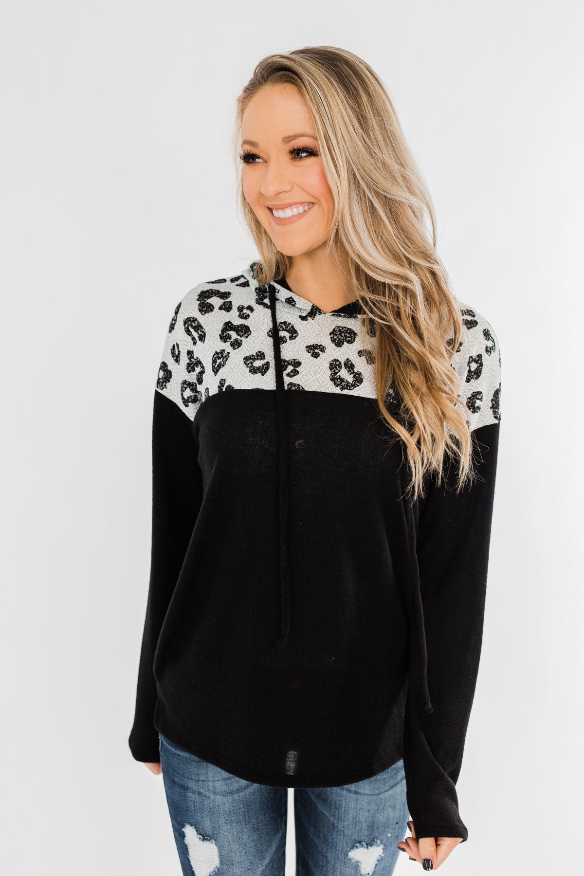 Slay All Day Leopard Drawstring Hoodie- Black & Heather Grey